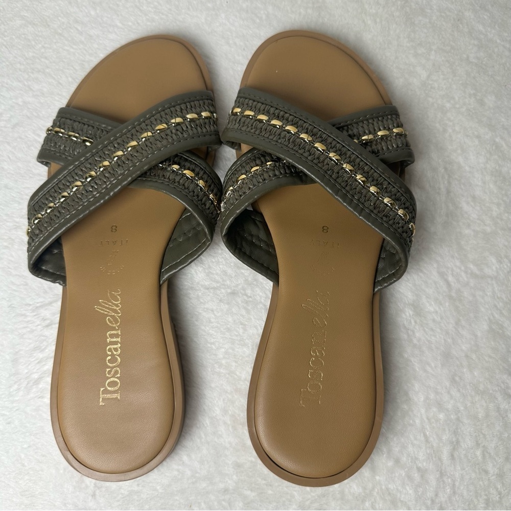 Toscanella Made In Italy Flat Sandals Beaded Army Green Leather Strap Size 8 - Picture 6 of 13